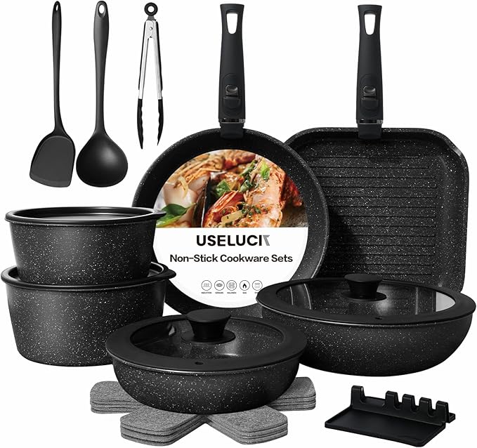 Pots and Pans Set Non Stick, Ceramic Cookware Sets 21 PCS, Granite Induction RV Kitchen Portable Stackable Cooking Set Removable Handles, Dishwasher 竊?Oven Safe, Black