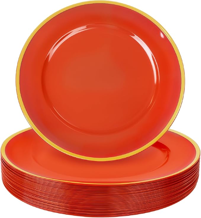 WDF 25PCS Red Plastic Charger Plates - 12inch Red and Gold Chargers for Dinner - Disposable Charge Plates - Perfect for Valentine's Day/Party/Elegant Tabletop Decor