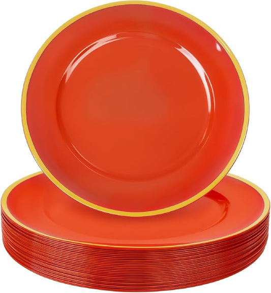 WDF 25PCS Red Plastic Charger Plates - 12inch Red and Gold Chargers for Dinner - Disposable Charge Plates - Perfect for Valentine's Day/Party/Elegant Tabletop Decor