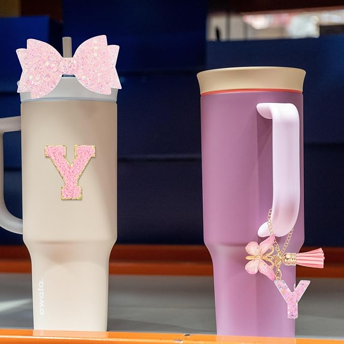 uxcell 8Pcs Cup Accessories Set for Cup Tumbler with Handle, Including Silicone Straw Cover, Boot, Spill Proof Stopper, Handle Charm, Initials Sticker(Letter Y, Pink)