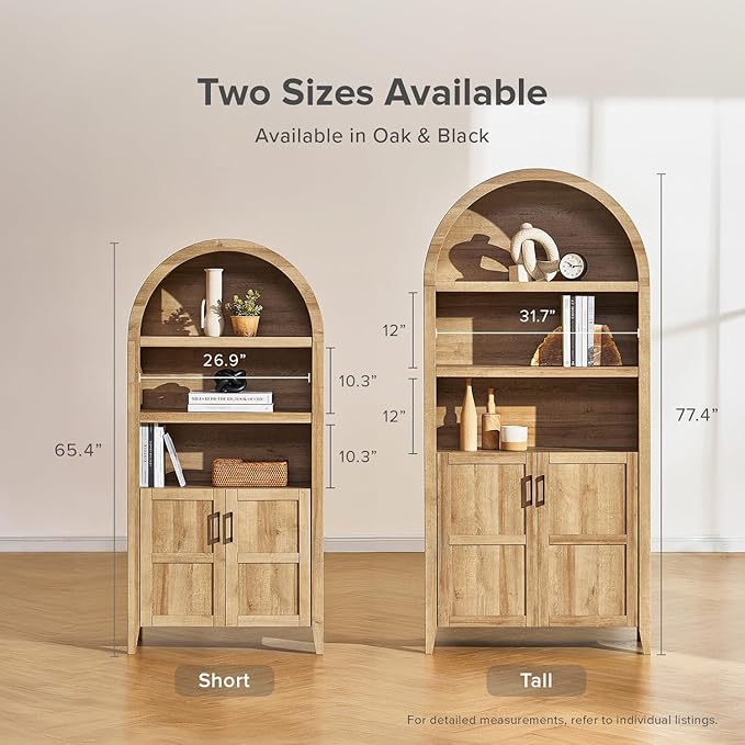 mopio Lauren 77.4" Tall Arched Cabinet, The Original 5-Tier Bookcase with Doors and Adjustable Shelves, Arch Bookshelf with Storage, Wooden Storage Cabinet for Living Room and Kitchen Pantry (Oak)