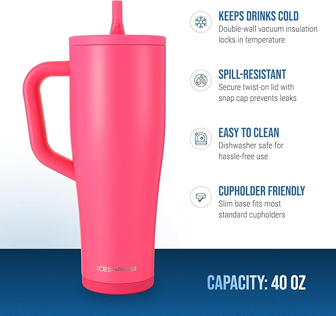 Ice Shaker 40 oz Tumbler with Handle and Straw | 40oz Neon Pink | Cold for 30+ Hours | 2-in-1 Tumbler Shaker Bottle | Odor-Free 40 ounce Bottle for Water, Protein Shakes, Smoothies, Cocktails
