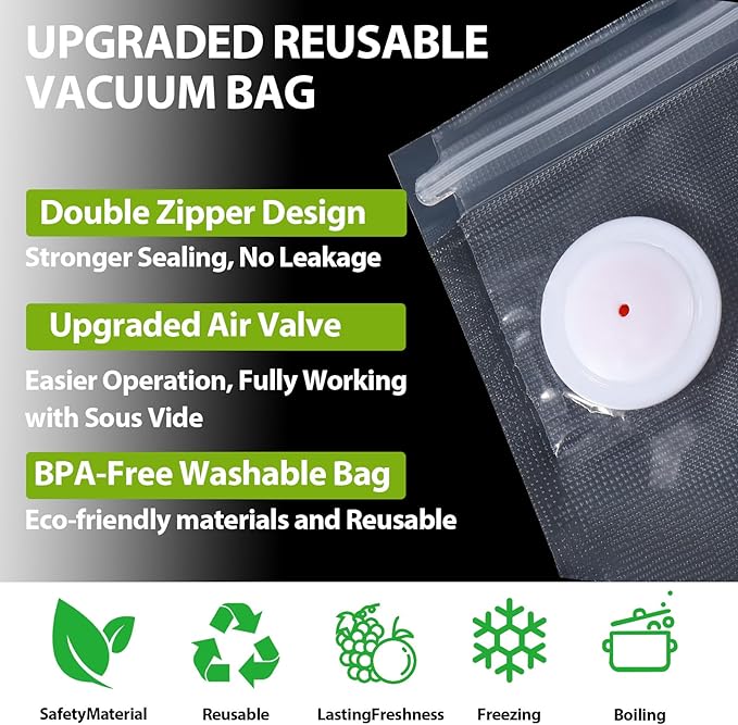 60PCS ATOSUN Vacuum Sealer Bags for Food, upgraded Air Valve, BPA -Free Vacuum Sealing Food Storage Bags, Reusable Sous Vide Vacuum Zipper Bags (10 large+30 middle+20 small size)