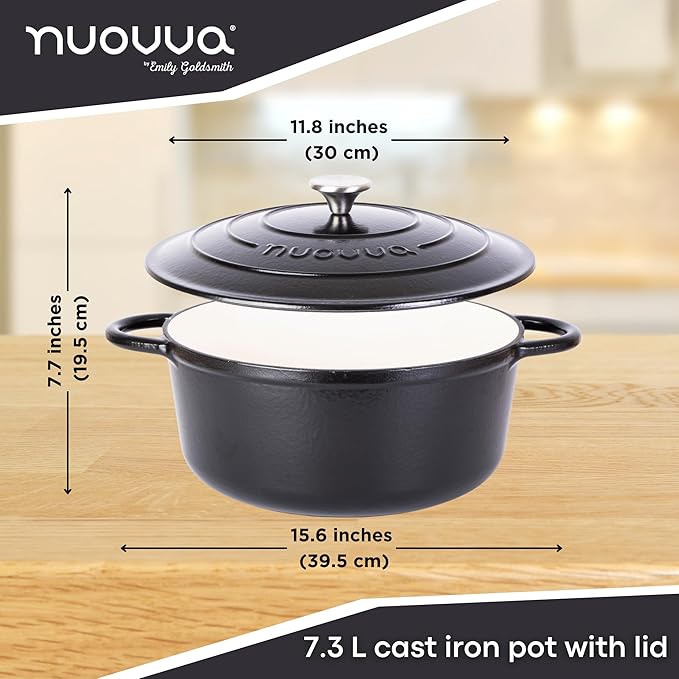 Cast Iron Dutch Oven with Lid ??Non-Stick Ovenproof Enamelled Casserole Pot ??Sturdy Dutch Oven Cookware ??Black, 7.3-Quart, 30cm ??by Nuovva