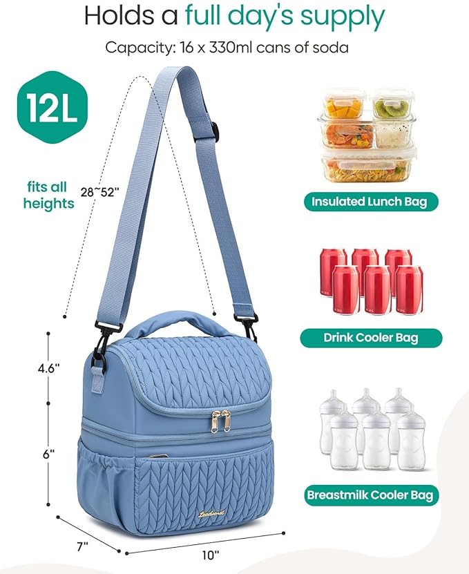 LEADVENST Lunch Bag Women, Double Deck Insulated Lunch Box - Large Capacity 12L with Detachable Divider for Tall Items, Leakproof, Durable & Reusable Cooler Bag For Work Picnic Travel, Quilted Blue