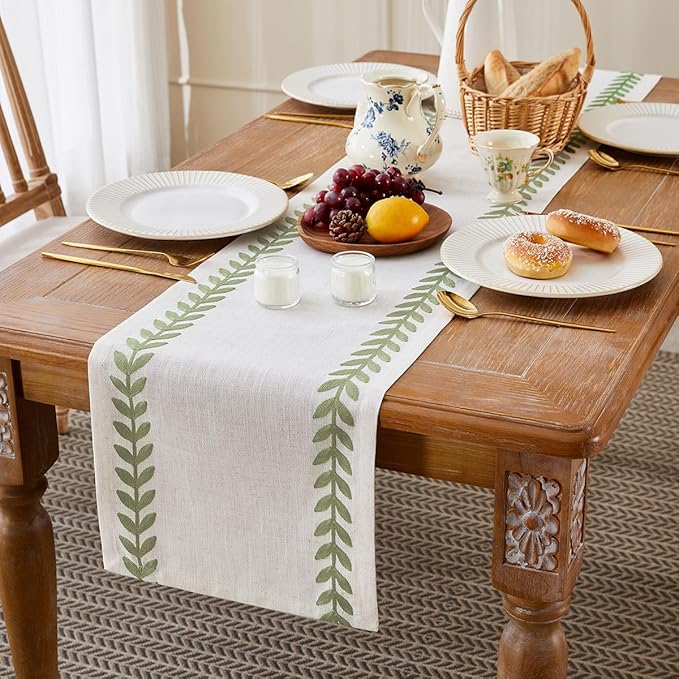 Wracra Embroidered Table Runner Irregular Willow Leaf Table Runners 60 Inches Long for Dresser Home Dining Table Decor,14 x 60 Inch, Light Sage Green