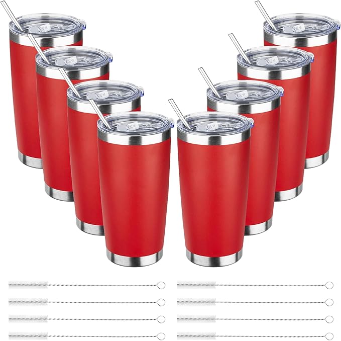 ATIKZHE 20oz Tumbler with Straw and Brush, Stainless Steel Vacuum Insulated tumbler, Double Wall Insulated Coffee Tumbler for Outdoor, Home, Travel,Office (Bright Red,8pcs)