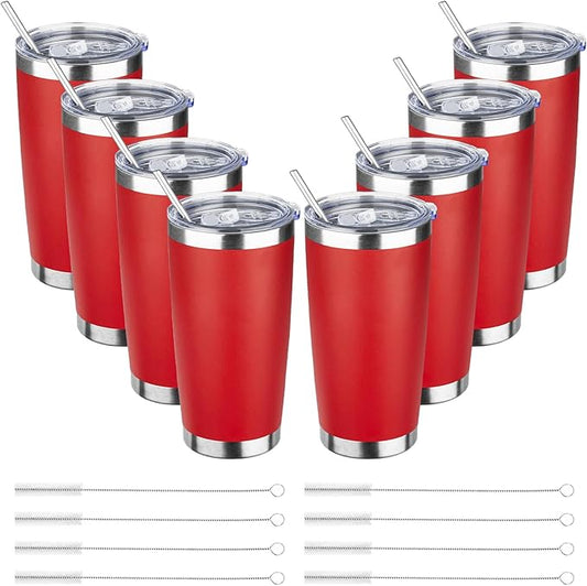 ATIKZHE 20oz Tumbler with Straw and Brush, Stainless Steel Vacuum Insulated tumbler, Double Wall Insulated Coffee Tumbler for Outdoor, Home, Travel,Office (Bright Red,8pcs)