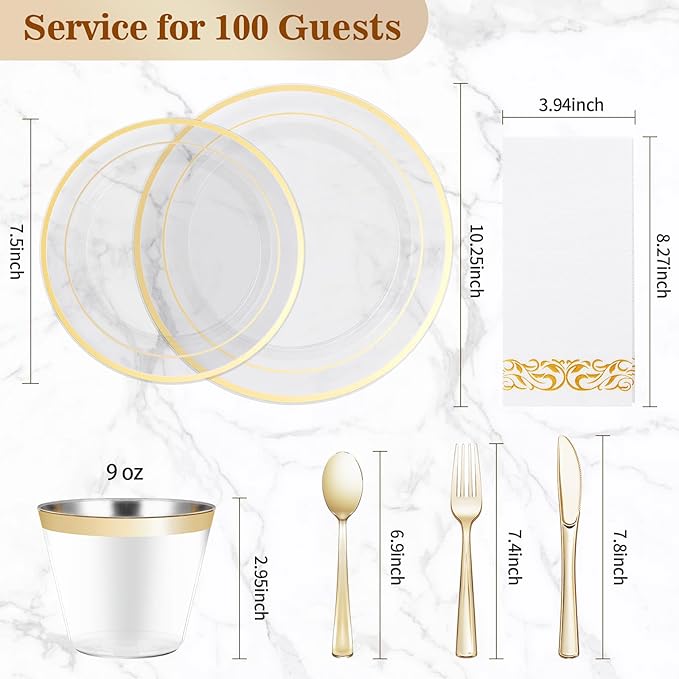 BESTVIP 700PCS Clear Gold Disposable Dinnerware Set for 100 Guests, Plastic Plates for Party, Wedding, Christmas, Include: 200 Plastic Plates, 100 Gold Silverware, 100 Cups, 100 Napkins
