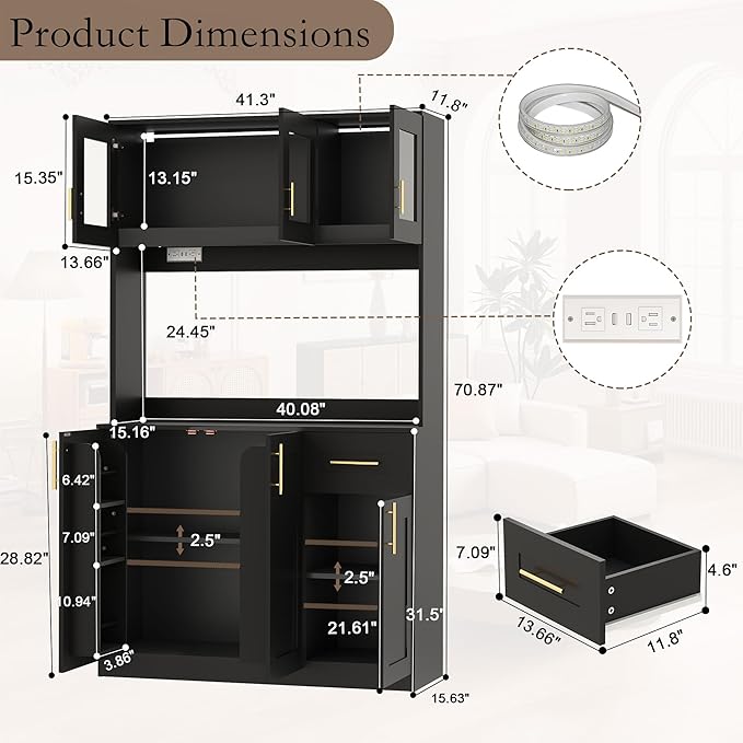 Kitchen Pantry Cabinet with Hutch: 71" Black Tall Kitchen Pantry Storage Cabinet with Drawers, 3 Glass Doors, Countertop, Hutch with Microwave Shelf and Charging Station for Dining Room (Black)