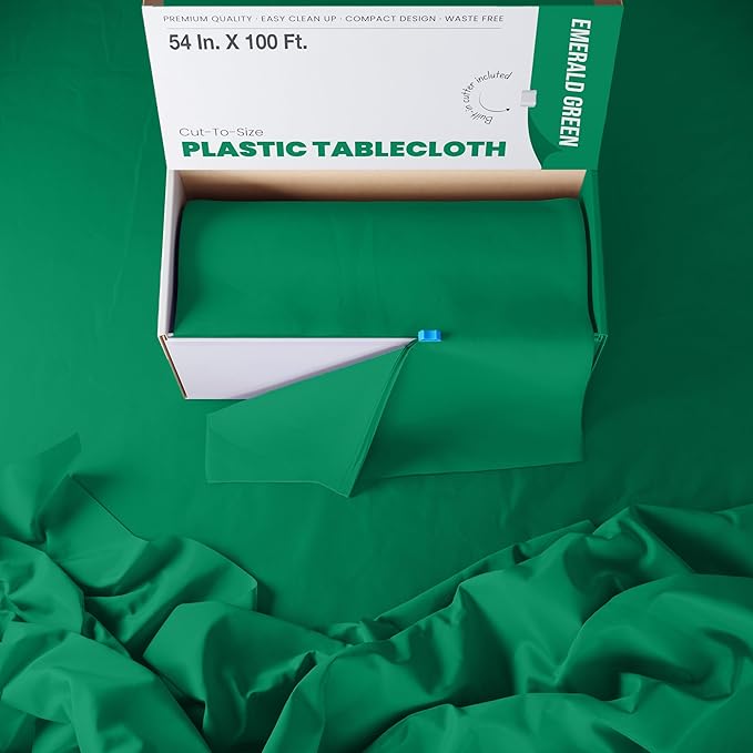 Party Solids 54 Inch X 100 Feet Emerald Green Plastic Table Cover Roll in A Cut - to - Size Box with Convenient Slide Cutter. Cuts Up to 12 Rectangle 8 Feet Plastic Disposable Tablecloths