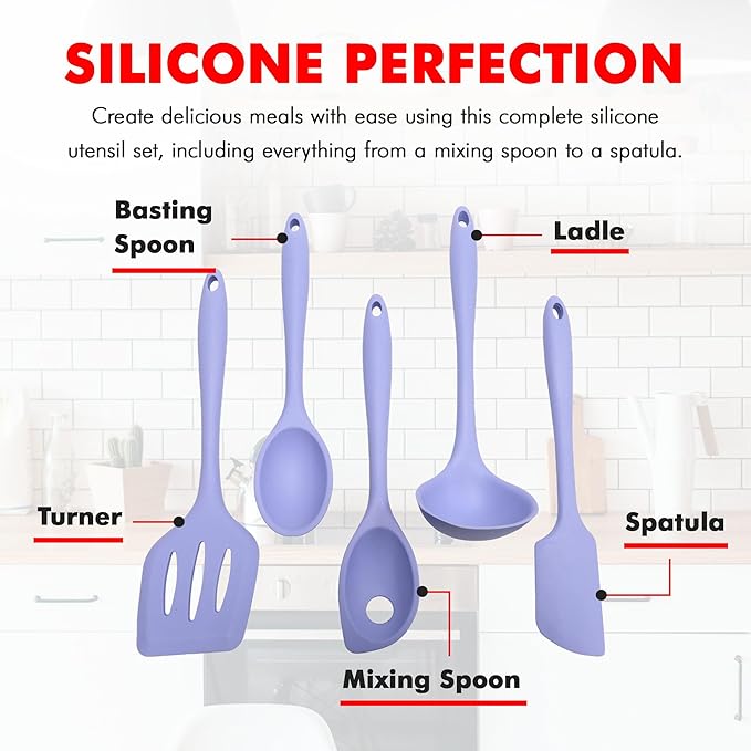 Chef Craft - Premium Silicone Kitchen Tools and Utensils Set, Non-Scratch, Withstands Temperatures up to 450째F, BPA-Free, 5 Piece Cooking Utensils Set, Pastel Blue