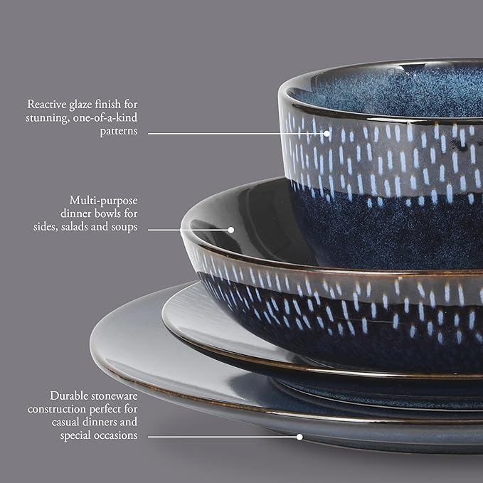 Gibson Elite Matisse 16-Piece Dinnerware Set ??Double Bowl Reactive Glaze Cereamic Stoneware in Blue ??Plates and Bowls Sets for 4, Microwave & Dishwasher Safe, Rustic Modern Design