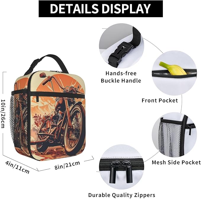 VANZEV Insulated Lunch Box for Women Men, Vintage Motorcycle Theme Lunch Box Reusable Portable Lunch Bag Cooler Tote Waterproof Lunch Container for Office Picnic Work Travel