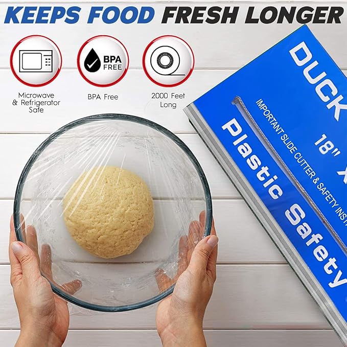 Duck Food Safety Film, 18 inch x 2000ft Plastic Wrap, Commercial Grade, Great for Sealing and Storage, Used for Food Service Industry, Easy to Use Slide Cutter for Clean Cut Use (2 Box)