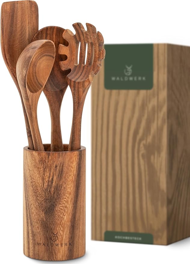 WALDWERK Wooden Spoons for Cooking ??4-Piece Kitchen Utensils Set with Teak Wood Spoons, Spatula, Pasta Server & Holder ??Wooden Utensil Set ??Cooking Utensils ??Utensil Sets - Non Toxic