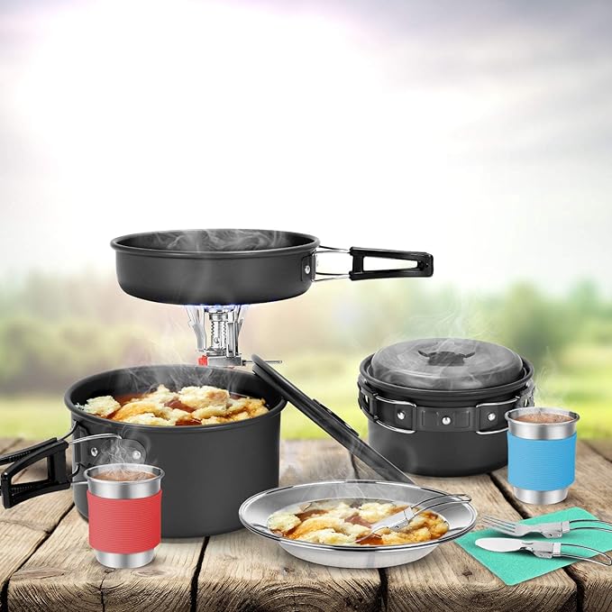 Odoland 15pcs Camping Cookware Mess Kit, Non-Stick Lightweight Pots Pan Set with Stainless Steel Cups Plates Forks Knives Spoons for Camping, Backpacking, Outdoor Cooking and Picnic