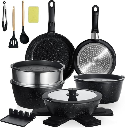 21PCS ceramic cookware set,Nonstick ceramic pan, Removable Handle pots and pans set, Stackable Pan Set, Nonstick Pots and Pans Set Non Stick(Black)