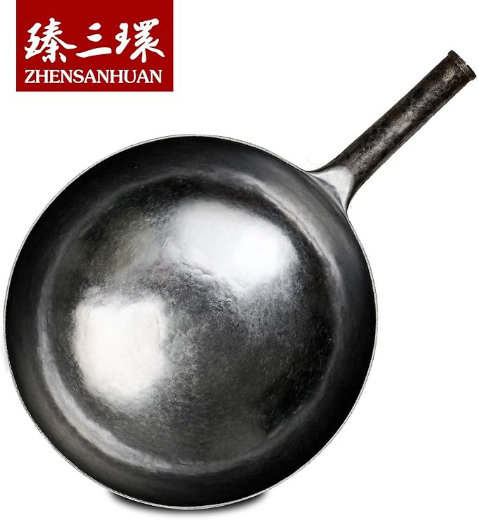 ?삡툒??ZhenSanHuan Chinese Hand Hammered Iron Woks and Stir Fry Pans, Non-stick, No Coating, Carbon Steel Pow (32CM, Blue Black - Seasoned)