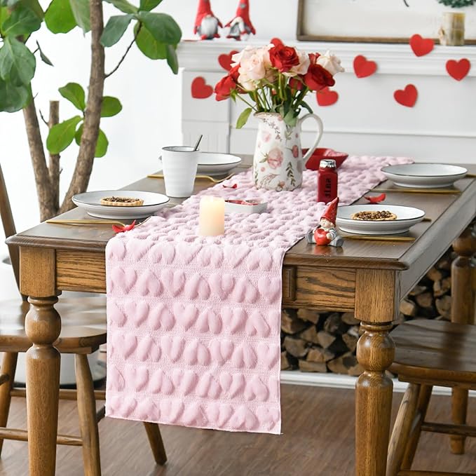 Artoid Mode Pink Soft Plush Faux Fur Jacquard Heart Valentine's Day Table Runner, Seasonal Kitchen Dining Table Decoration for Home Party Decor 13x36 Inch