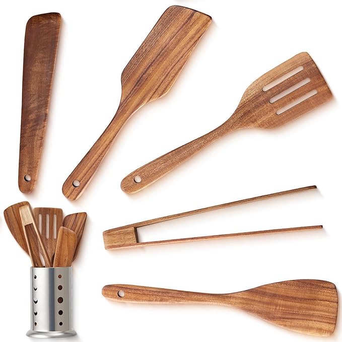 OOZi 6-Piece Acacia Wood Cooking Spatula Set ??Flip, Stir & Serve Effortlessly with Turner, Tongs, Scraper & Stainless Holder