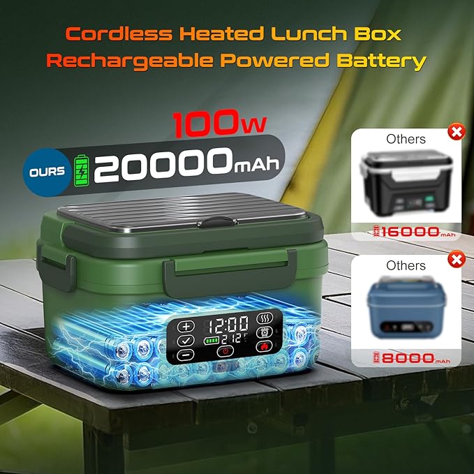 Cordless Electric Heated Lunch Box, 1.5L 6.3Cups 20000mAh Rechargeable Food Warmer Lunch Box with Self Heating, Smart Timer, Adjustable Temperature, Leakproof, BPA Free, Removable Tray Divider