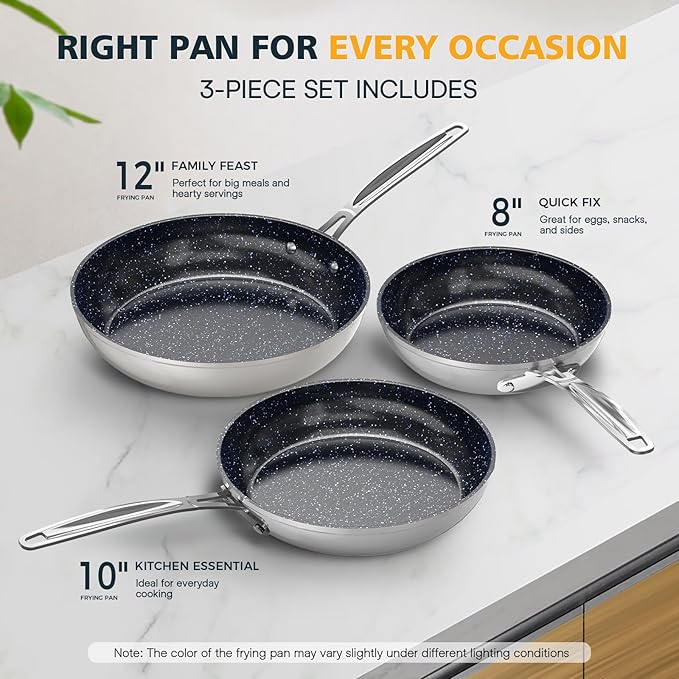 Nuwave 3-Piece 8?? 10?? 12??Forged Lightweight Frying Pan Set, G10 Healthy Duralon Blue Ceramic Ultra Non-Stick, Ergonomic Stay-Cool Handles, Induction-Ready & Works on All Cooktops
