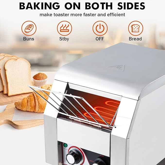 Commercial Conveyor Toaster, 300 Slices/Hour Stainless Steel Toaster Oven with Dual Heating & 7-Speed Belt for Bagels/Buns/Bread in Cafes/Buffets