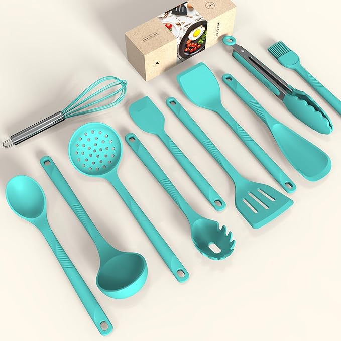 Silicone Cooking Utensils Set - 600째F Heat Resistant, Nonstick Kitchen Utensil Set with Spatulas, Spoons, Whisk, Tongs, BPA Free, Dishwasher Safe (Teal)