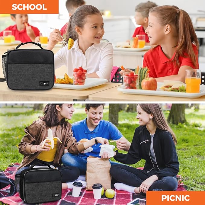 opux Insulated Lunch Bag Kids, Lunch Box for School Boy Girl, Leakproof Small Reusable Compact Soft Mini Cooler Bag, Toddler Small Lunch Boxes Kit Pail with Front Side Pockets (Charcoal)