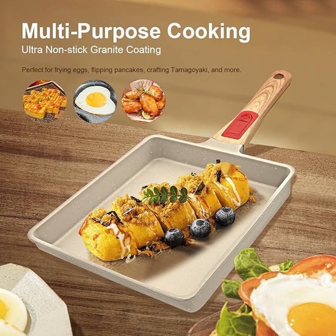 Nonstick Tamagoyaki Pan Large, Japanese Omelette Square Egg Pan Nonstick, Detachable Handle, PFAS & PFOA-Free, Oven Safe, 9" x 8.2"