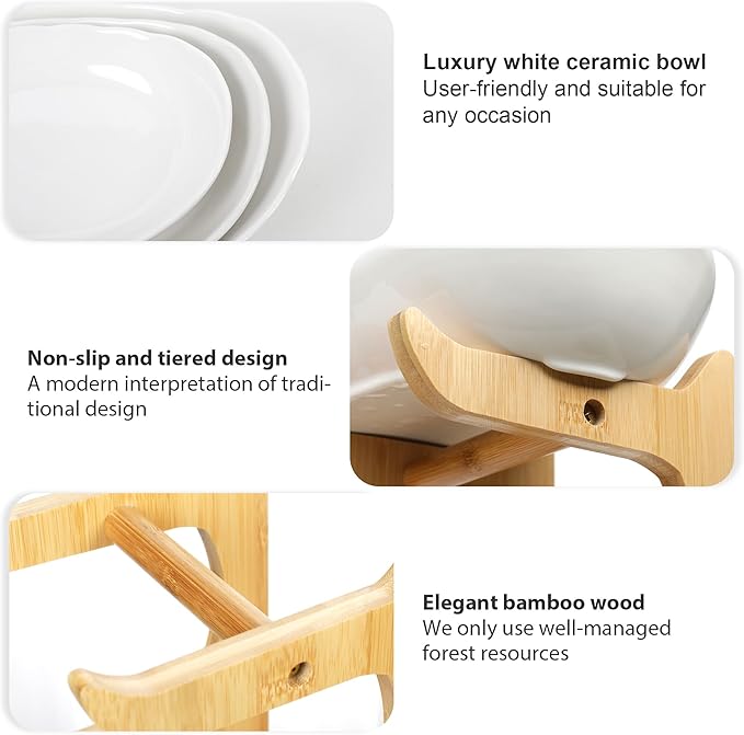 Seven Sparta 3 Tier Fruit Bowl for Kitchen Counter (PLUS Series) / Ceramic Serving Bowls with Bamboo Stand/Big Size Tiered Fruit Basket for Fruit Vegetable Storage, Dessert, Salad Buffet Server