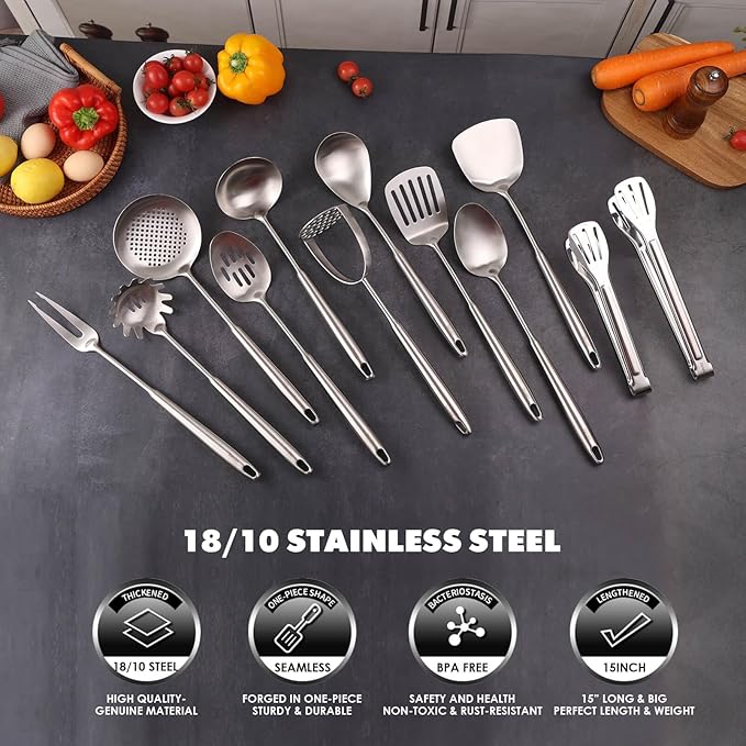 18/10 Stainless Steel Kitchen Utensils Set - 12 PCS All Metal Cooking Tools & 15??Serving Utensils - Potato Masher, Meat Fork, Tongs, Turner, Pasta, Serving Spoon, Skimmer, Ladle, Spatula Spoon Set