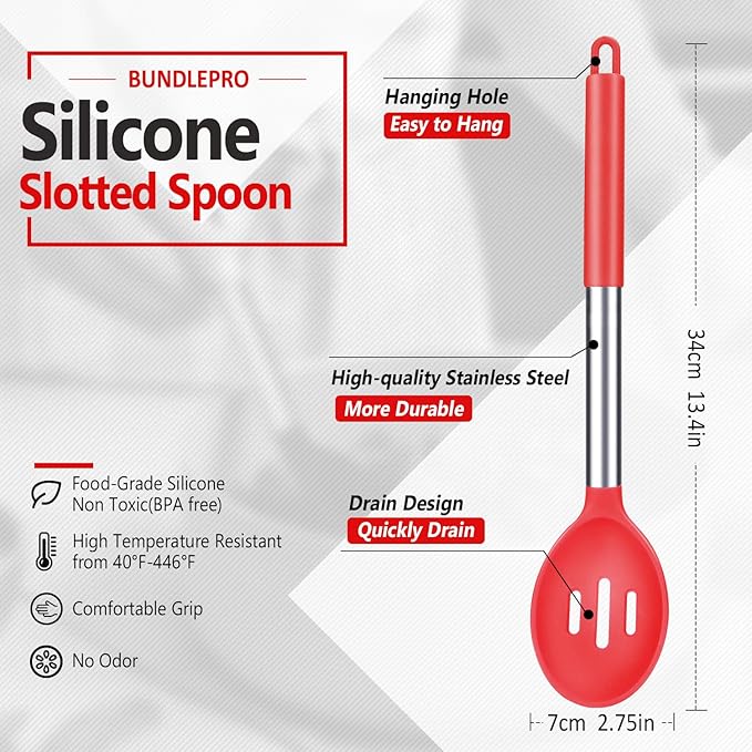 Pack of 2 Large Silicone Slotted Spoon Kitchen Skimmer with High Heat Resistant BPA Free Non Stick Cooking Ladle Strainers For Draining and Frying (Black- Red)