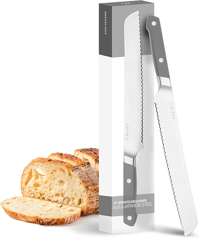 Misen Serrated Bread Knife ??High-Carbon Japanese AUS8 Steel ??Effortless Slicing of Bread, Pastries, and Fruits ??Razor-Sharp Edge and Durable Blade with Ergonomic Handle - 10", Gray