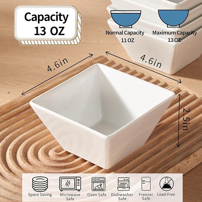 Meideal Porcelain Small Serving Bowls Set of 6, 13 Oz Square Cereal Bowls, 4.6" White Ceramic Dessert Bowls for Salad, Dip, Soup, Snack, Fruits, Small Portions, Dishwasher & Microwave Safe