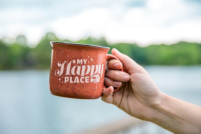 Camco Life is Better at The Campsite Ceramic Coffee Mug - Microwave and Dishwasher Safe - Features Red Background with Retro RV My Happy Place Design - Coffee Cup Holds 14oz. (53472)