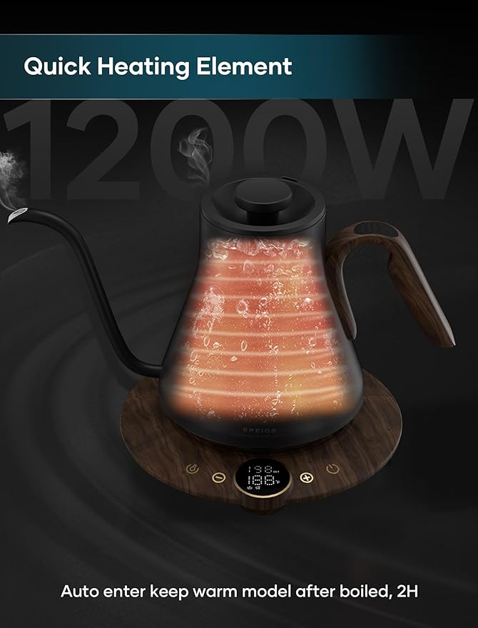 Gooseneck Electric Kettle with 짹1??Temperature Control for Pour Over Coffee & Tea, Quick Heating, BPA-Free Stainless Steel, Built-in Brew Timer, 1500W/0.9L (Rainforest)