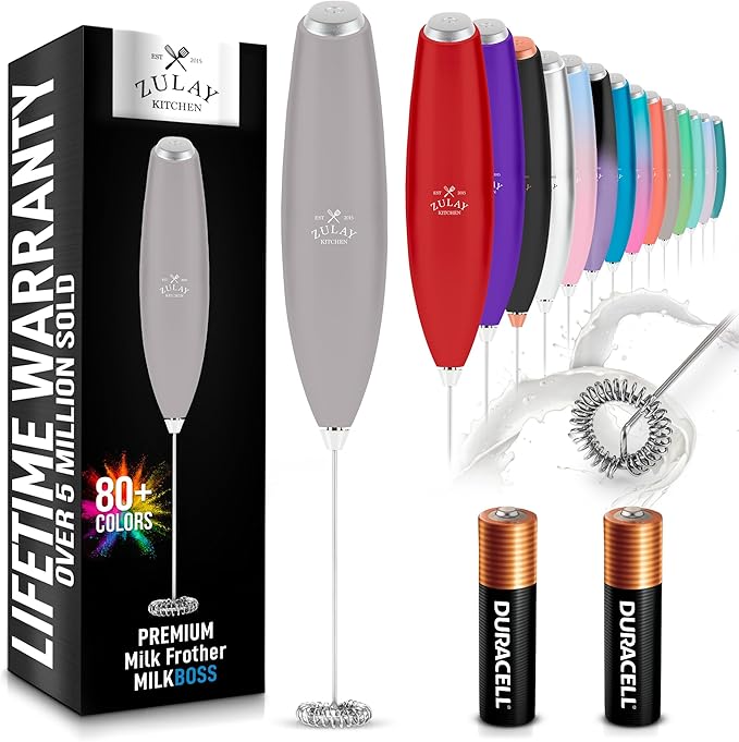 Zulay Kitchen Milk Frother Handheld Electric Whisk with AA Duracell Batteries ??Durable Drink Mixer for Coffee, Lattes, Cappuccinos & More - Gray