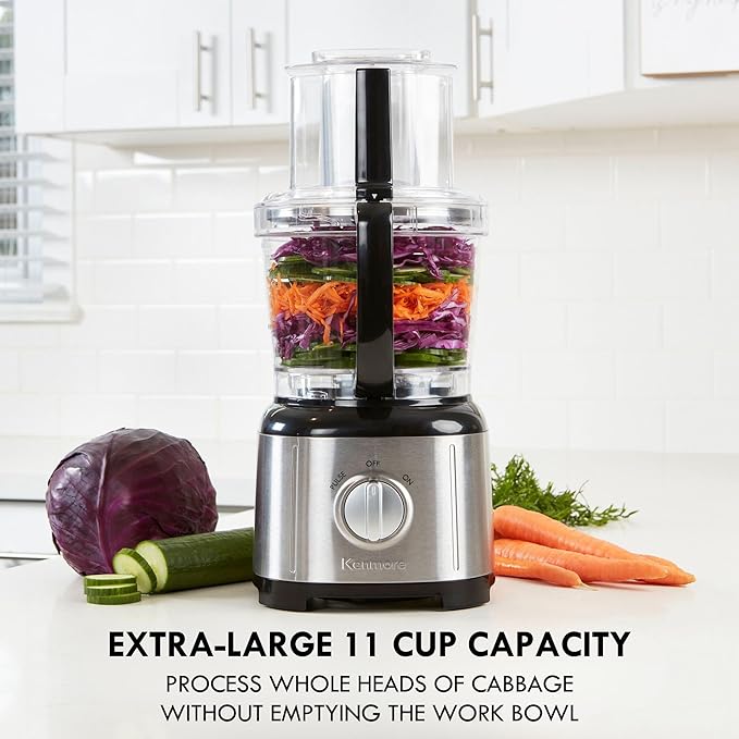 Kenmore 11-Cup Food Processor - Vegetable Procesador de Alimentos, Blender, Onion Chopper And Garlic Mincer, Kitchen Appliance High Powered Electric Licuadora, 500W Red, Stainless Steel Black