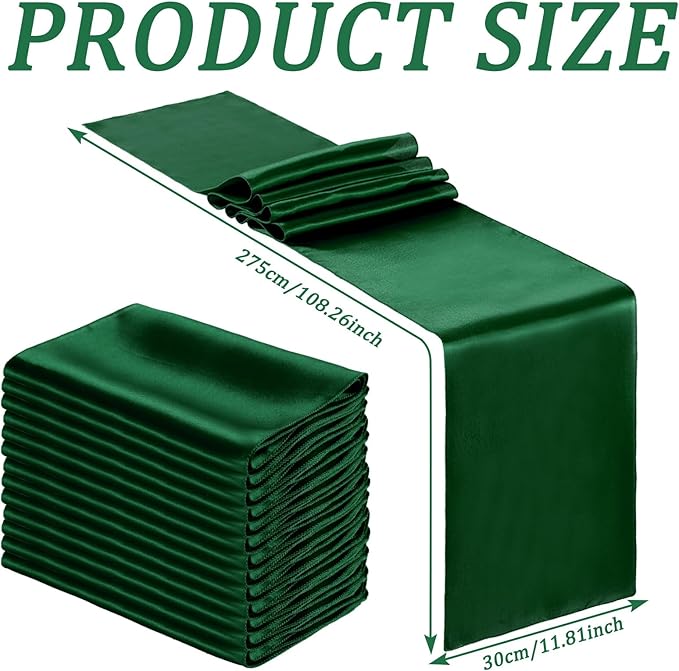 Bencailor 24 Pcs Dark Green Satin Table Runner Bulk 12 x 108 Inches Long Table Runners Bright Smooth Fabric Tablecloth for Wedding Banquet Birthday Valentines St Patrick's Day Party Decorations