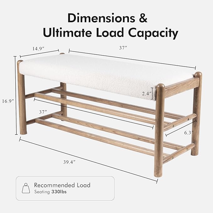 XINNAN Solid Wood Entryway Bench with Shoe Storage, Rustic Oak Wood and Sherpa Fabric 39.4 Inch Long Seating for Living and Dining Rooms, 3-Tier White