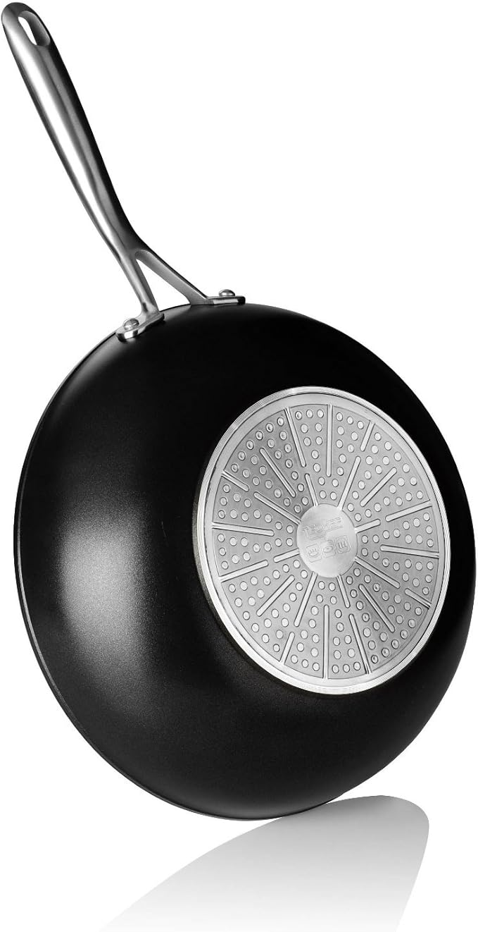 TECHEF - Onyx Collection, 12" Nonstick Flat Bottom Wok/Stir-Fry Pan with Glass Lid, PFOA Free, Dishwasher and Oven Safe, Made in Korea