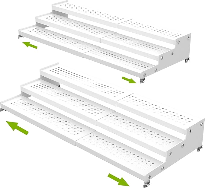 Spice Rack Organizer for Cabinet, 3 Tier Expandable Shelf, Great for Kitchen Cabinets, Cupboard,Pantry and More,Metal Plate with Hole (2 Packs/White,9.45" D x 12.8"~24?쏬 x 3.56" H)
