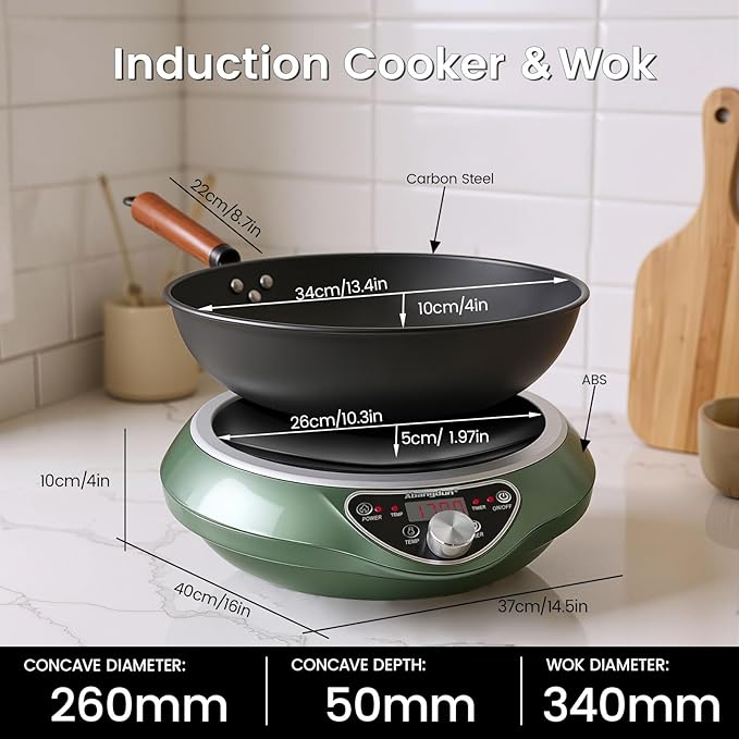 1700W Wok Induction Cooktop with 13.4??Nitride Carbon Steel Wok Round-Bottom & Flat-Pan Compatible, Electric Stir-Fry Wok Set for Home & Restaurant, No-Coating, Even Heating