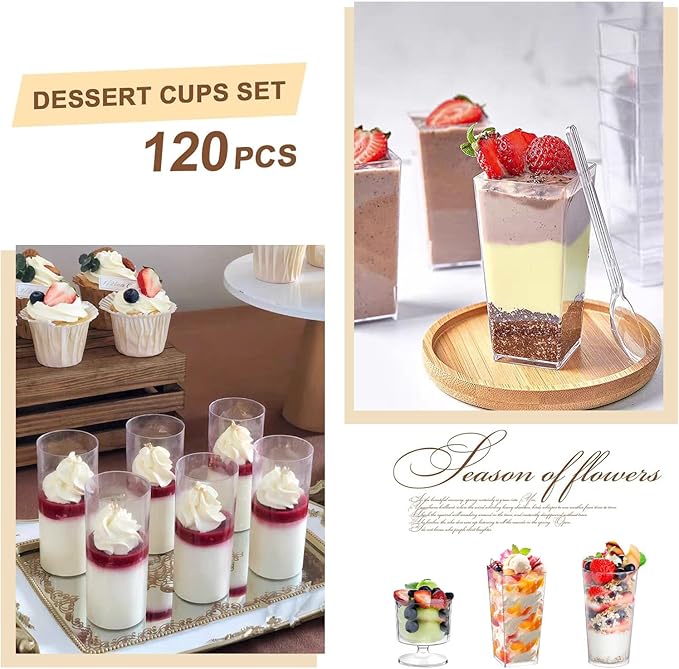 ALEXPRE 240 Packs 2/3 oz Mini Dessert Cups with Spoons, Square/Round/Round Goblet Clear Dessert Parfait Cups, Mini Plastic Dessert Cups Small Reusable Fruit Ice Cream Pudding Appetizer Cup Bowls