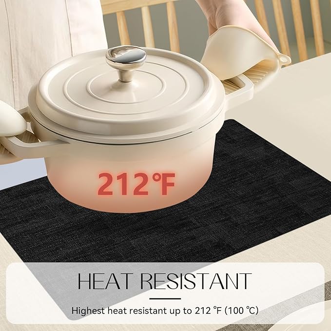 Romanstile Reversible Vinyl Placemats Set of 8, Faux Leather 100% Waterproof Oil-Proof Wipeable Place Mats, Heat Resistant Dual Sided Table Mats for Kitchen/Dining/Party (Black, 12 x 17 Inch)