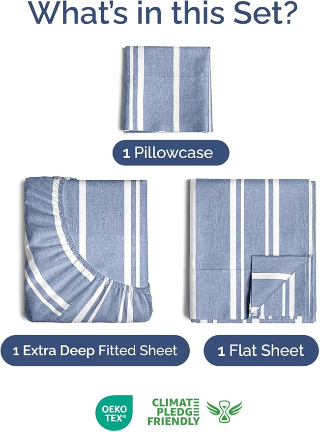 Extra Deep Pocket Twin XL Sheets - 3 Piece Breathable & Cooling Bed Sheets - Hotel Luxury Bed Sheet Set - Soft, Wrinkle Free & Comfy - Easily Fits Extra Deep Mattresses - Blue Striped Sheets Set