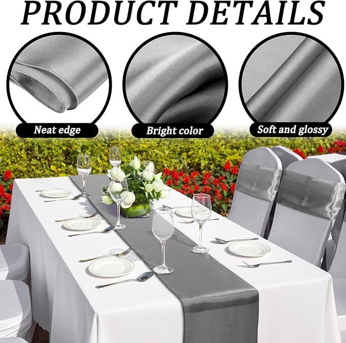 Bencailor 24 Pcs Dark Gray Satin Table Runner Bulk 12 x 108 Inches Long Table Runners Bright Smooth Fabric Tablecloth for Wedding Banquet Birthday Valentines St Patrick's Day Party Decorations