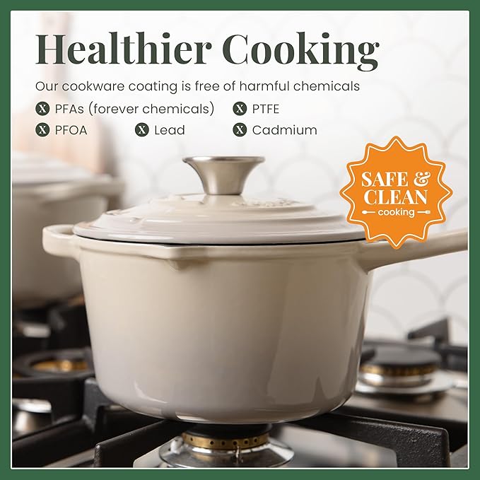 Larder & Vine Enameled Cast Iron Saucepan | 2.2 qt Sauce Pan with Lid | Saucepan with Pour Spouts | Enameled Cast Iron Pot Compatible on All Cooktops & Oven Safe to 500째 F | Stone
